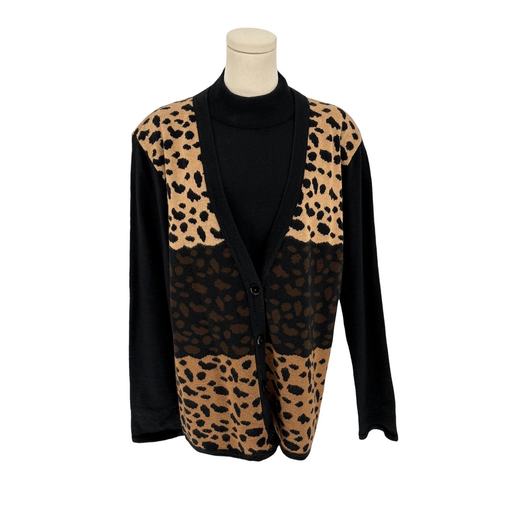 Vintage Sag Harbor Dress Cardigan Set Black Leopard Animal Print XL